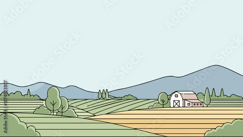 Rural landscape with rolling hills, fields, and a red barn