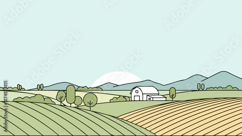 Rural landscape with plowed fields, barn, and low mountains at dawn or dusk