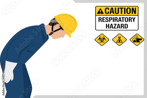 Professional Industrial Worker In Blue Uniform Bowing Respectfully Near Caution Respiratory Hazard Warning Safety Signs.