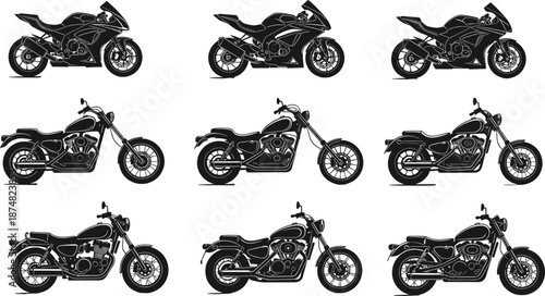 Set of black motorcycle silhouettes, featuring sportbikes, custom choppers, and classic retro cruisers, isolated on white background for automotive design and biker lifestyle graphics.