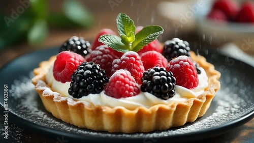 Delicious Berry Tart with Cream and Fresh Berries, Dusted with Powdered Sugar