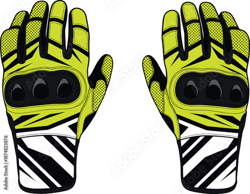 Pair of yellow and black tactical motorcycle gloves with protective knuckle padding isolated on white background vector illustration.