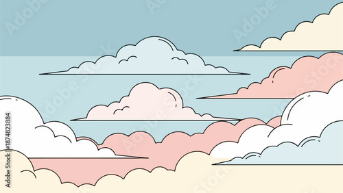 Minimalist illustration of a serene sky with fluffy white clouds in three horizontal layers