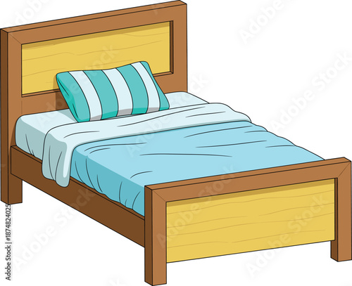 Modern single wooden bed with a teal striped pillow and light blue bedding isolated on white background for interior design.