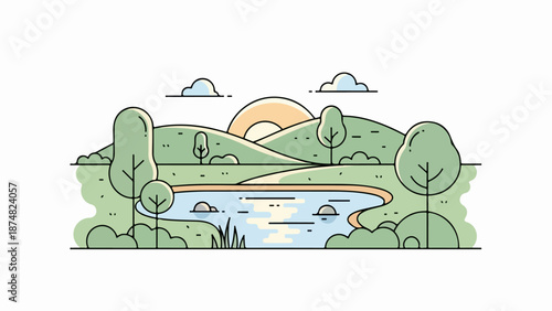 Detailed landscape illustration of a winding river surrounded by stylized foliage and trees with a playful cartoon-like aesthetic