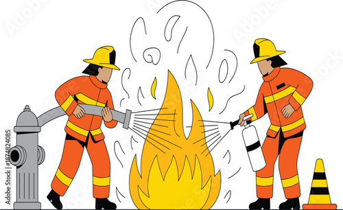 Emergency Firefighter Team Using Fire Hydrant Hose And Extinguisher To Put Out Intense Burning Flames.