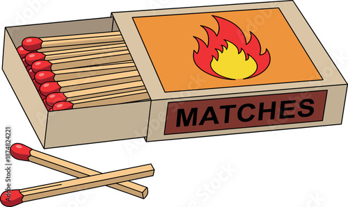 Open cardboard matchbox with red tip wooden matches and fire flame illustration isolated on white background vector illustration.