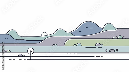 Detailed landscape illustration of rolling hills and distant mountains with sparse vegetation