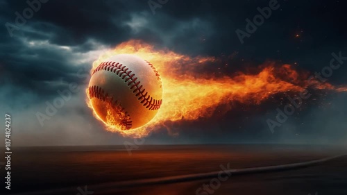 Flaming Baseball Soaring Through a Dramatic Dark Sky