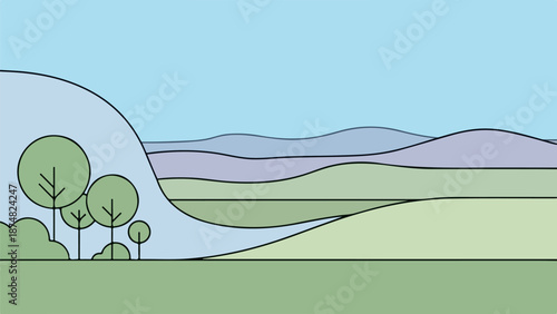 Serene landscape with rolling hills transitioning from lush greenery to arid terrain
