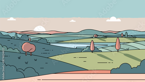 Whimsical countryside landscape illustration with pinkish-red trees, winding path, rolling hills, and soft pastel colors