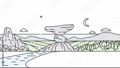 Evening landscape illustration with a crescent moon, winding road, and balancing rock formation
