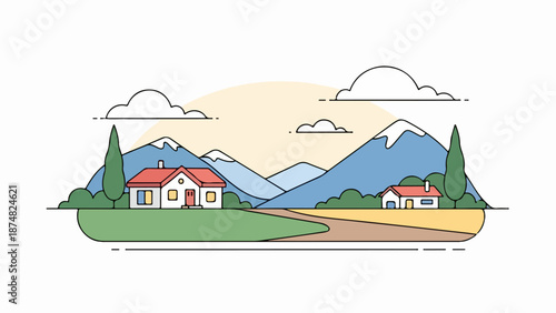 Two quaint houses with red-tiled roofs and whitewashed walls nestled among lush greenery and rolling hills