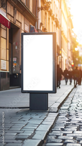 A blank vertical billboard stands on a cobblestone street in an urban setting with blurred people and warm sunlight.