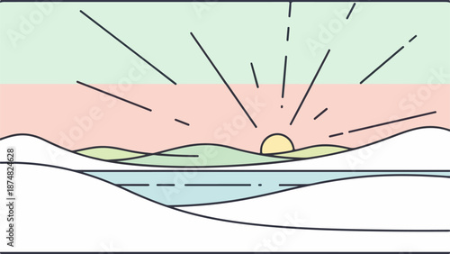 Minimalist landscape illustration with light green sky, rolling hills, and reflective body of water