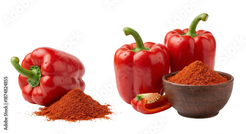 Red Bell Peppers and Paprika Powder on White Background © yendisupiandi