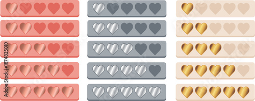 large set of quality rating systems from one to five with hearts with various gradients, for websites, mobile applications, e-commerce, UI and UX design