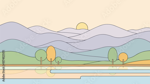 Tranquil landscape with reflective water, trees, and rolling hills under a yellow sun