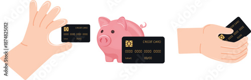 icons of black credit cards with a gold gradient held by human hands and with a piggy bank icon, for mobile apps, websites or UI/UX design