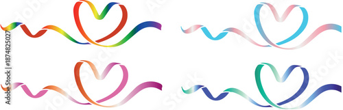 set of decorative frames with ribbons in various LGBT colors forming hearts, designs for Pride month