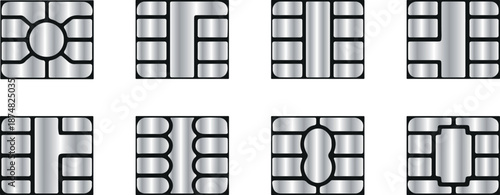set of various chips for credit and other bank cards with a silver gradient, for mobile applications, websites or interface/UX design