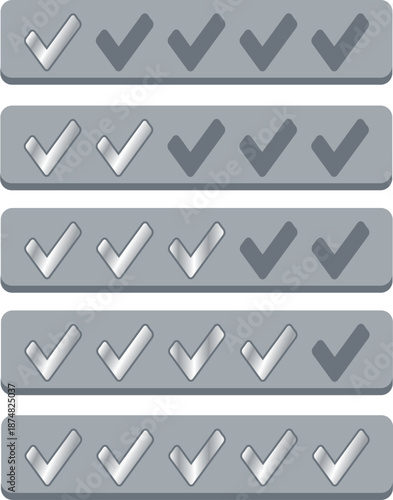 set of rating scales for reviews and feedback from one to five with check marks with a silver gradient, for websites, mobile applications, e-commerce
