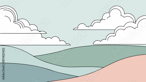 Detailed landscape illustration with rolling hills, calm water, and cloudy sky