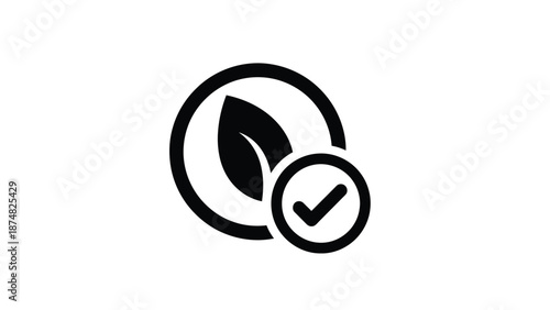 Black and white icon depicting a leaf inside a circle with a checkmark