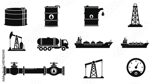 Oil industry equipment tanks ships pipelines and drilling rigs in monochrome style