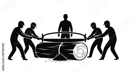 A vintage illustration of lumberjacks operating a two man crosscut saw