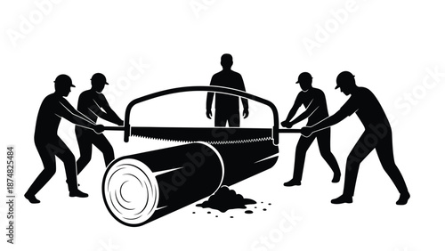 Teamwork in action men sawing a large log with a two person saw