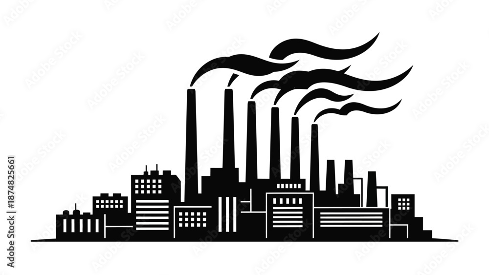 Fototapeta premium Industrial complex with multiple smokestacks emitting dark smoke illustrating pollution