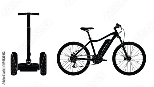 Black silhouette of an electric bicycle and a two wheeled self balancing scooter