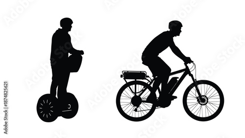 Silhouette of a man on a segway and another riding an electric bicycle