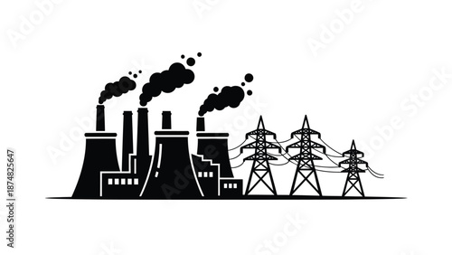 Industrial complex with smokestacks and power lines a visual representation