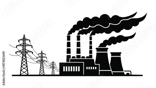 Industrial power plant silhouette with emitting smoke and surrounding power lines