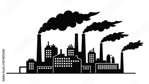Industrial skyline with factory smokestacks emitting dark pollution into the air