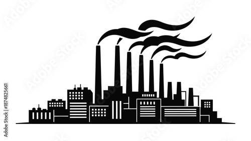 Industrial complex with multiple smokestacks emitting dark smoke illustrating pollution