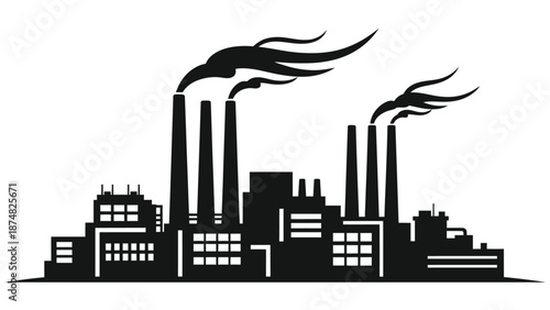 Industrial skyline with factory smokestacks emitting dark plumes of smoke