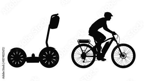 Silhouette of a man riding an electric bicycle and a one wheel vehicle