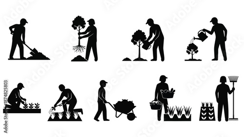 Gardening activities depicted in black silhouettes planting watering and harvesting