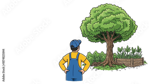 A gardener observes a lush green tree and surrounding garden landscape