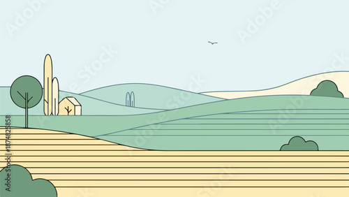Sweeping landscape with rolling hills, a solitary tree, and a distant archway under soft natural light