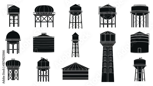 A collection of various black silhouette water towers and storage tank designs