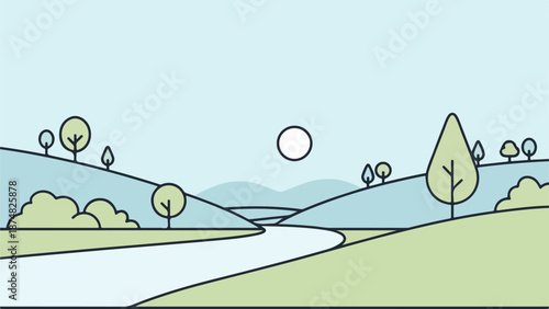 Sweeping vista of rolling hills with a winding path and soft blue sky