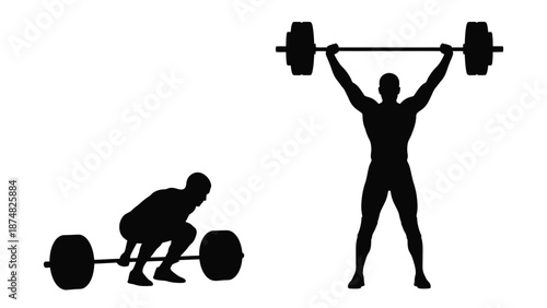 Silhouette of a weightlifter performing a snatch and a person lifting weights