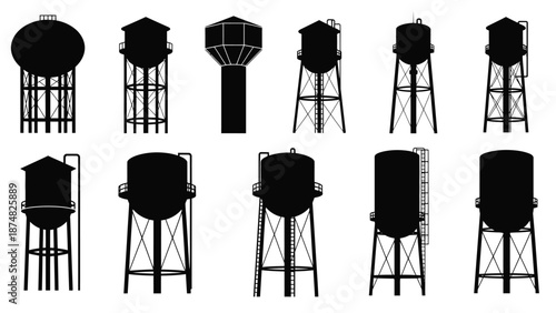 A collection of various black and white water tower silhouettes