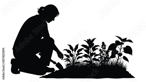 A silhouette of a woman gardening tending to plants with care