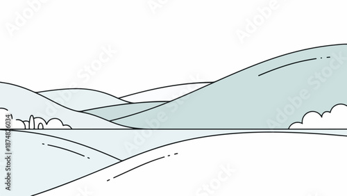 Minimalist line drawing of a serene natural landscape with rolling hills, distant mountains, and a flat expanse