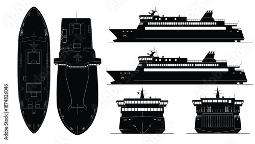 Detailed blueprint illustrations showcasing various views of a large passenger ferry ship